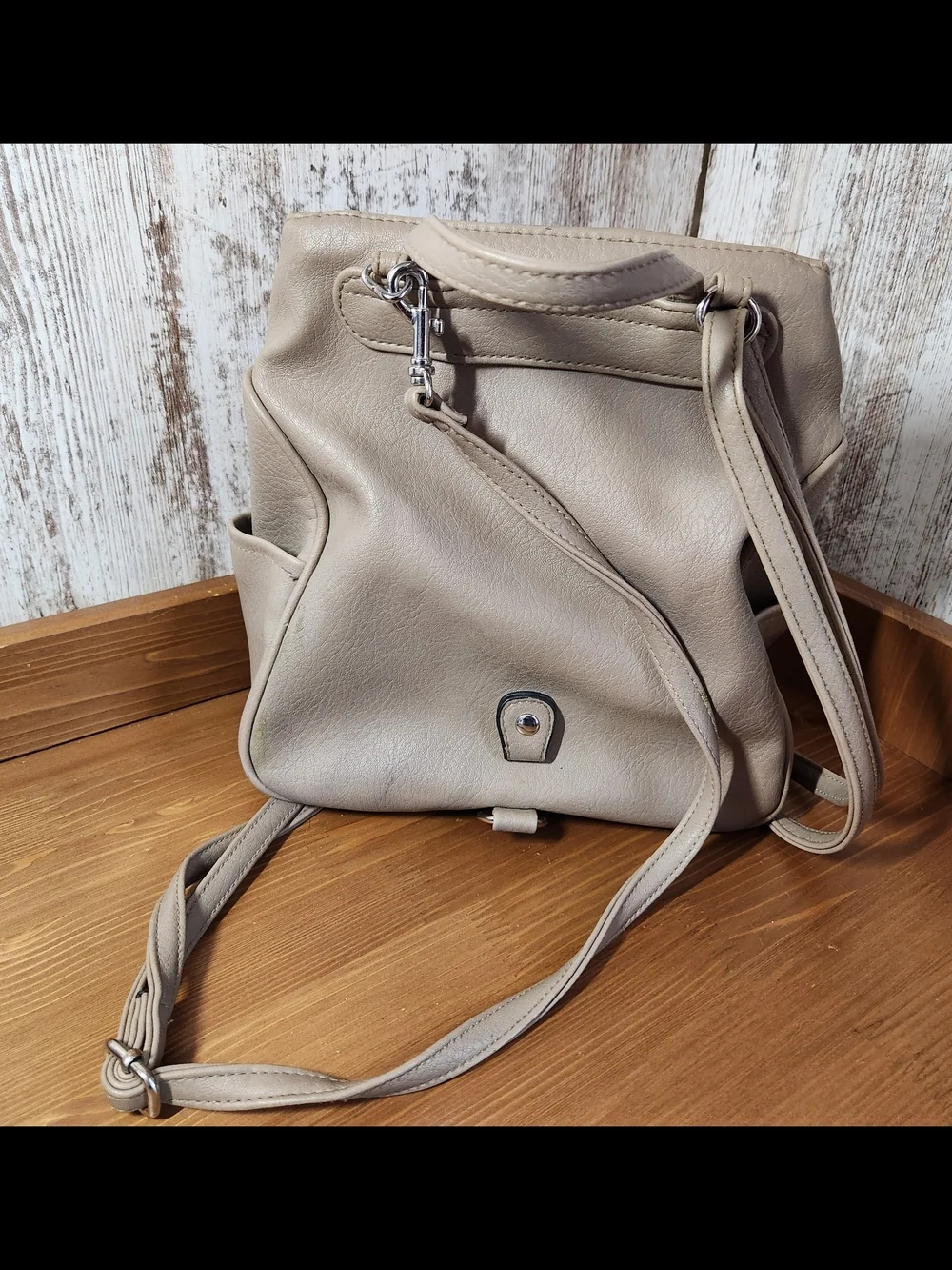 Neutral Beige Stone Crossbody Bag Silver Hardware Converts To Backpack Pockets